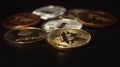 Family of cryptocurrency. Stack of shining golden and silver coins on dark black background. Crypto group. Shot of Ripple, bitcoin