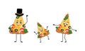 Family of cute pizza characters with joyful emotions