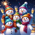 A family of cute snowmens holding champgne glasses, celebrate the new year in smiling, happy face, fantasy, cartoon