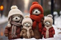 Family of cute white bears wearing cozy warm clothing