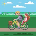 Family cycle vector poster with father riding bicycle with daughter sitting on child bike seat behind. Cycling beside
