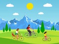 Family cycling. Active mom dad and kids riding bikes in mountains, outdoor activities or walking in park, healthy
