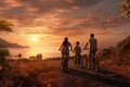 Family cycling along a picturesque coastal road