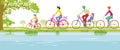 Family cycling in nature, illustration,