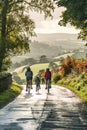 A family cycling together in a scenic, car-free area