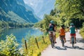 A family cycling together in a scenic, car-free area