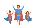 Family, dad and kids, cute boy and girl playing superheroes, running excited in super hero costumes front view fun humor fathers d Royalty Free Stock Photo