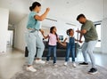 Family dancing, happy house and parents teaching children to dance, moving to music together and smile for love in home Royalty Free Stock Photo