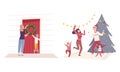 Family Dancing Near Christmas Fir Tree and Decorating Door with Wreath Vector Illustration Set