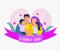 Family day. Happy international day of families. Cute couple with childrens, father and mother hug children with love