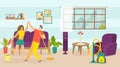 Family day with music, vector illustration. Man woman people character make housework, happy people dance while Royalty Free Stock Photo