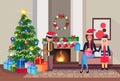 Family decorate pine tree merry christmas happy new year living room fireplace home interior decoration winter holiday Royalty Free Stock Photo