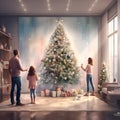 A family decorates a Christmas tree