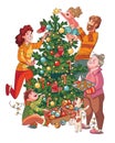 Family decorates christmas tree. Funny cartoon character Royalty Free Stock Photo