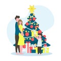 Family decorates the Christmas tree. Happy family are preparing for the holiday Royalty Free Stock Photo