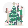 Family decorates the Christmas tree. Happy family are preparing for the holiday Royalty Free Stock Photo