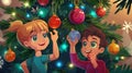 The family decorates the Christmas tree at home. The little brother and sister hang balls and baubles on the branches Royalty Free Stock Photo