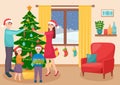 Family decorates Christmas tree in living room. Mother, father, daughter and son decorating Christmas tree, vector Royalty Free Stock Photo