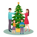 Family decorates Christmas tree. Mother, father, daughter and son decorating Christmas tree, vector illustration Royalty Free Stock Photo