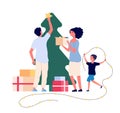 Family decorates christmas tree. Smiling mom, dad and kids celebrate christmas at home. Xmas and winter holiday vector Royalty Free Stock Photo