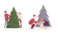 Family Decorating Christmas Fir Tree with Baubles and Santa Claus Giving Gift Box to Little Girl Vector Illustration Set Royalty Free Stock Photo