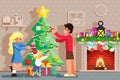 Family decorating christmas new year tree winter holiday room fireplace background flat design vector illustration