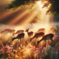 A family of deer grazing peacefully in a sun-dappled meadow