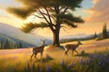 A family of deer grazing in a sunlit meadow, with wildflowers in bloom all around