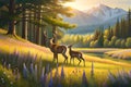 A family of deer grazing in a sunlit meadow, with wildflowers in bloom all around