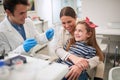 Family in dentistÃ¢â¬â¢s office.dentist examining his girl patient in dentistÃ¢â¬â¢s clinic Royalty Free Stock Photo