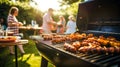 family dine outdoors with bbq food. ai generated