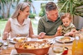 Family, dinner and eating food at restaurant together smile and happy grandparents bonding with child. Elderly couple Royalty Free Stock Photo