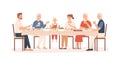 Family dinner. Grandparents, parents and kids sitting at holiday table, happy people eating delicious food, vector