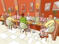 Family dinner or scene of breakfast is in restaurant interior. People are talking and eating in a cafe or a bistro of
