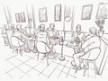 Family dinner or scene of breakfast is in restaurant interior. People are talking and eating in a cafe or a bistro of Royalty Free Stock Photo