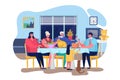 Family dinner vector illustration, cartoon flat happy people dining together in living room home interior, thanksgiving