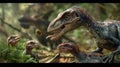 A family of dinosaur hatchlings being fed regurgitated food by their mother a primitive bird with a recognizable