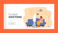 Family Doctor Baby Checkup Landing Page Template. Pediatrician Doctor Character Examine Sick Child with Mom at Home