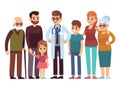 Family doctor. Big happy health family with therapist, patients parents kids healthcare professional service, flat