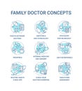 Family doctor blue concept icons set