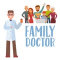 Family doctor concept with young practitione banner vector illustration. Doctor in uniform holding bottle of pills