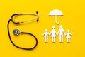 Family doctor and health care concept. Family figure with stethoscope