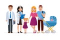 Family doctor and healthy family cartoon characters concept illustration in flat design. Two doctors and young family