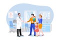 Family doctor with patients in hospital office. Vector flat cartoon illustration. Medical consultation of pediatrician