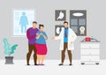 Family doctor`s health care concept. Husband takes his wife to see a doctor for a check-up. Vector illustration