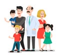 Family doctor. Smiling happy patients family portrait with dentist, smiling healthy children cartoon vector illustration Royalty Free Stock Photo