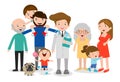 Family doctor vector illustration, big family with doctor. Doctor standing together with father, mother, children and grandparents Royalty Free Stock Photo