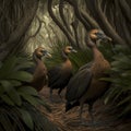 A family of dodo birds walking through a thicket of trees