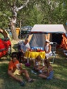 Family with dog at a camp 1 Royalty Free Stock Photo