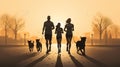 Family with dogs joggers on the background of city, jogging silhouettes of a people engaged in sports